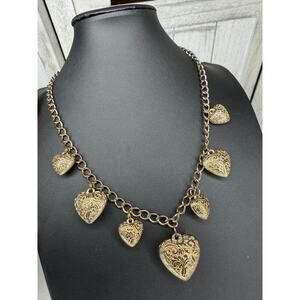 Vintage Elegant Etched Puff Gold Charm Heart Necklace Chunky Link 80s 90s